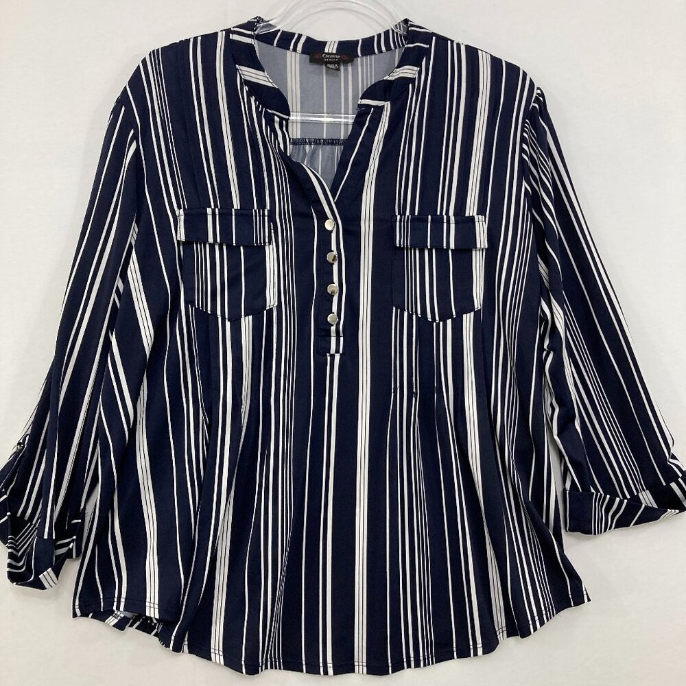 Cocomo size PXL Striped‎ Split Neck Button Stretch Knit Rolled Sleeve Blouse